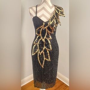Vintage Black Tie By He-Ro Silk Beaded Sequin Evening Dress Sz 6 Black & Gold